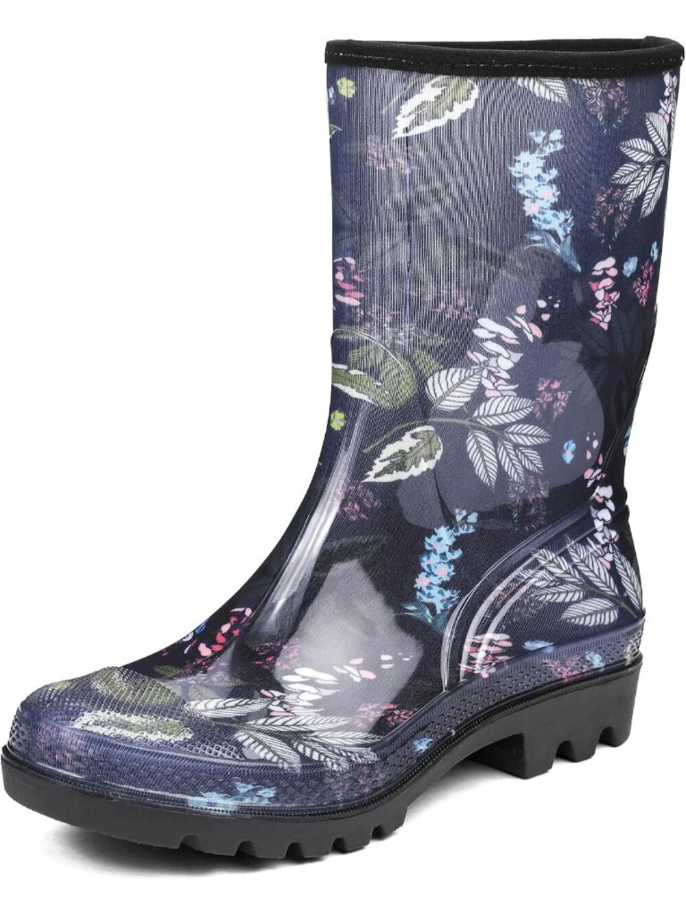 Women's Blue Flower Wide Calf Waterproof Rubber Garden Cushioned Insole RainBoot
